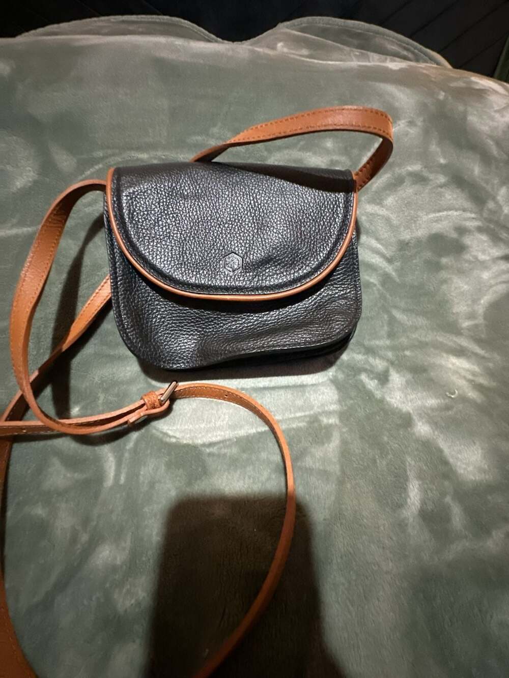 Valentina Black Pebbled Leather Crossbody Bag with Tan Trim